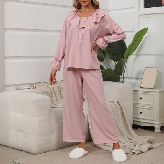 2 Piece Pajama Set For Women Crew Neck Long Sleeve Tops Wide Leg Pants Mesh Ruffled Hem Patchwork Loungewear (S, Pink)