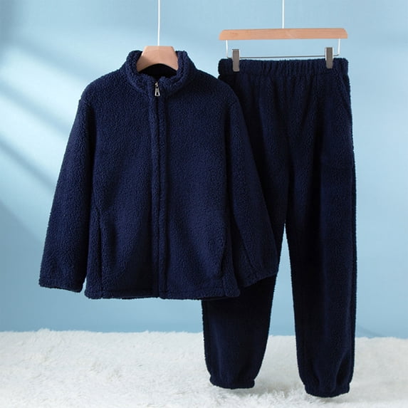 2 Piece Pajama Set For Women Stand Collar Front Zip Cardigan Elastic Waist Pants Thick Thermal Sleep Wear With Pockets (M, Navy)