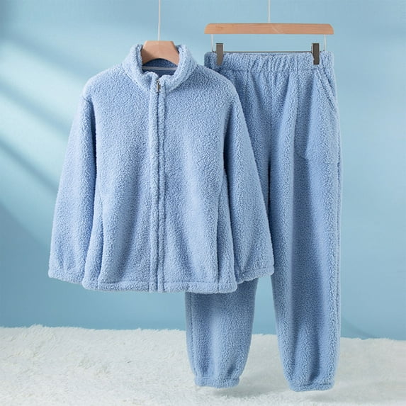 2 Piece Pajama Set For Women Stand Collar Front Zip Cardigan Elastic Waist Pants Thick Thermal Sleep Wear With Pockets (XL, Light Blue)