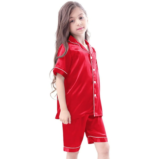 2 Piece Pajama Set for Boys and Girls, Solid Button Down Short Sleeve Toddler Outfits Comfort Girls Soft Pajamas,Red,10-11 Years