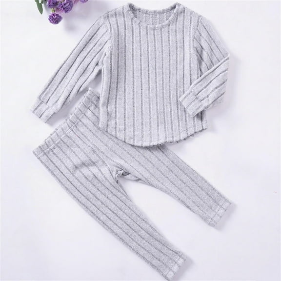 2 Piece Pajama Sets for Girls New Children's Solid Color Round Neck Long Sleeved Tops with Elastic Waist Long Pants Casual and Comfortable Suit Style B-36 Gray 0 Years