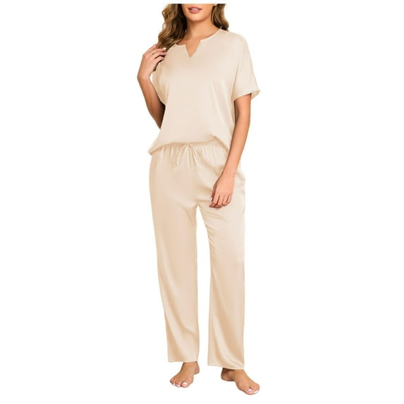 2 Piece Pajama Sets for Women Soft Silk Satin Short Sleeve V Neck Top & Wide Leg PJ Bottom Sleepwear Nightgown (L, Beige)