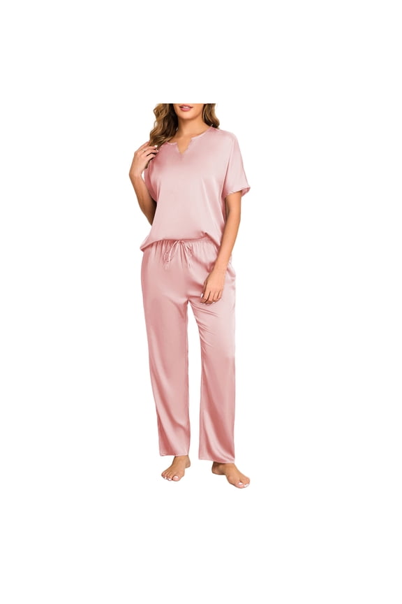 2 Piece Pajama Sets for Women Soft Silk Satin Short Sleeve V Neck Top & Wide Leg PJ Bottom Sleepwear Nightgown (M, Pink)