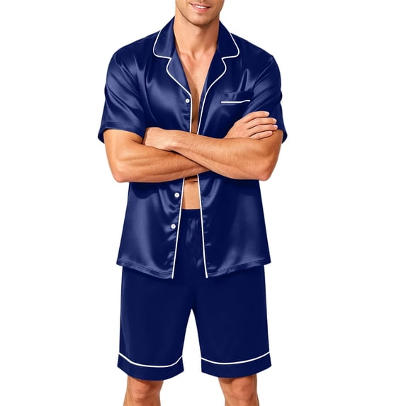2 Piece Pajama Shorts Set for Men Silk Satin Short Sleeve Button Down T-Shirts Elastic Waist Drawstring Shorts Outfits with Pockets Sets Summer Lounge Lightweight Soft Sleepwear,Royal Blue M