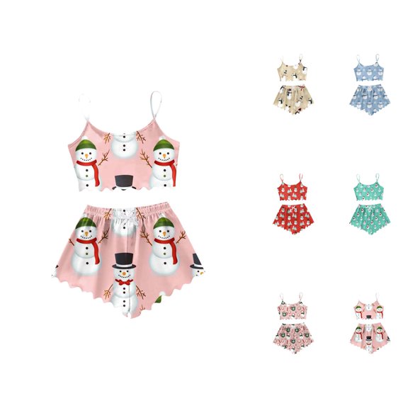 2 Piece Pajamas – Cotton Lounge Set for Women Women's Snowman Print Sleeveless Vest & Shorts Set Lightweight Sleepwear Two Piece