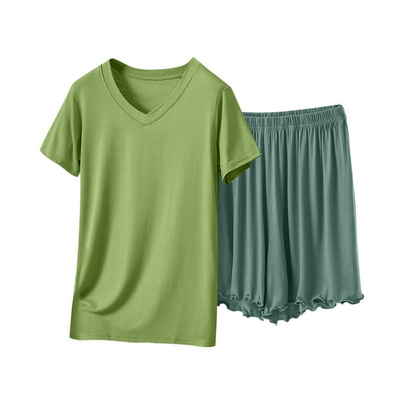 2 Piece Pajamas Set Modal Cotton Short Sleeve V Neck Top with Ruffled Shorts Womens Soft Pjs Outfits Loose Sleepwear (2XL, Green+Green#A)