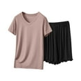 thumbnail image 1 of 2 Piece Pajamas Set Modal Cotton Short Sleeve V Neck Top with Ruffled Shorts Womens Soft Pjs Outfits Loose Sleepwear (2XL, Pink+Black), 1 of 6
