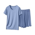 thumbnail image 1 of 2 Piece Pajamas Set Cotton Short Sleeve V Neck Top with Ruffled Shorts Womens Soft Pjs Outfits Loose Sleepwear (M, Blue), 1 of 6