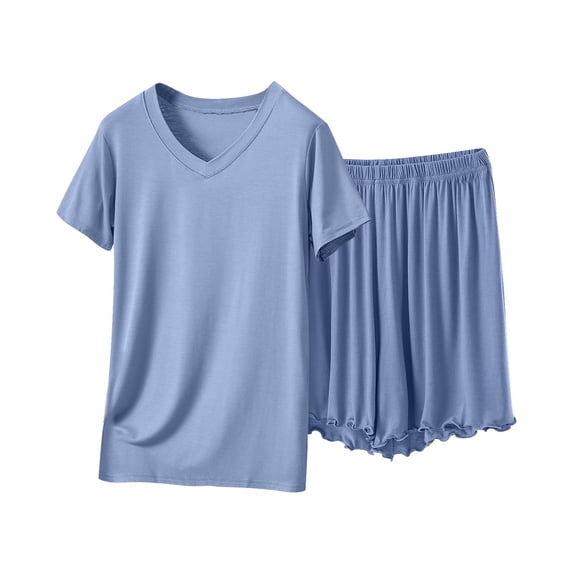 2 Piece Pajamas Set Cotton Short Sleeve V Neck Top with Ruffled Shorts Womens Soft Pjs Outfits Loose Sleepwear (M, Blue)
