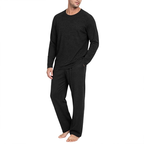 2 Piece Pajamas Set for Men Solid PJs Sets Crewneck Loungewear Sleepwear Summer Fall Homewear Long Sleeve Tops and Long Pants with Pocket Black M