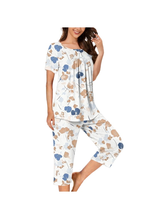 2 Piece Pajamas Set for Women Casual Printed Comfy Short Sleeve Tops Capri Pants Sets Sleepwear Matching Outfits (2XL, White)
