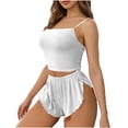 thumbnail image 1 of 2 Piece Pajamas Set for Women Ribbed Spaghetti Strap Camisole Crop Top High Cut Slit Shorts Sleepwear Outfits (2XL, White), 1 of 8