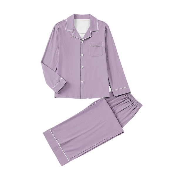 2 Piece Pajamas Sets Womens Button Up Shirt and Pant Nightgown Outfits for Fall Spring Winter Home Loungewear (L, Purple)