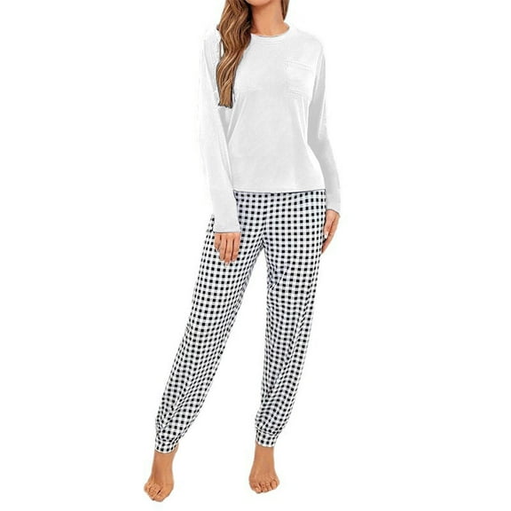 2 Piece Pajamas Sets for Women Soft Long Sleeve Top and Plaid Pants Fall Lounge Sets White M