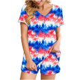 thumbnail image 1 of 2 Piece Pajamas Sets for Women Summer Tie-dye Outfits Short Sleeve Pleated V Neck Top and Shorts Set lounge Homewear (L, Blue 04), 1 of 5