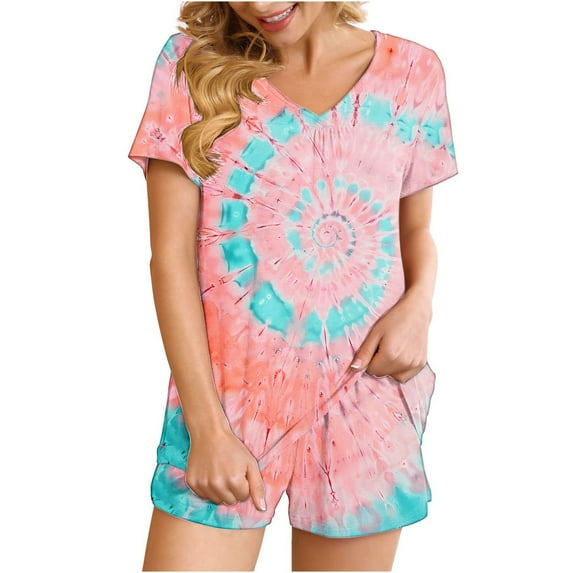 2 Piece Pajamas Sets for Women Summer Tie-dye Outfits Short Sleeve Pleated V Neck Top and Shorts Set lounge Homewear (L, pink 02)