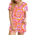 thumbnail image 1 of 2 Piece Pajamas Sets for Women Summer Tie-dye Outfits Short Sleeve Pleated V Neck Top and Shorts Set lounge Homewear (M, pink), 1 of 5