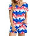 thumbnail image 1 of 2 Piece Pajamas Sets for Women Summer Tie-dye Outfits Short Sleeve Pleated V Neck Top and Shorts Set lounge Homewear (S, Blue 04), 1 of 5