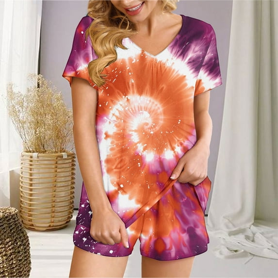 2 Piece Pajamas Sets for Women Summer Tie-dye Outfits Short Sleeve Pleated V Neck Top and Shorts Set lounge Homewear (S, Orange)