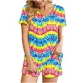 thumbnail image 1 of 2 Piece Pajamas Sets for Women Summer Tie-dye Outfits Short Sleeve Pleated V Neck Top and Shorts Set lounge Homewear (S, Red), 1 of 5