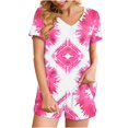 thumbnail image 1 of 2 Piece Pajamas Sets for Women Summer Tie-dye Outfits Short Sleeve Pleated V Neck Top and Shorts Set lounge Homewear (S, pink 04), 1 of 5