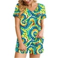 thumbnail image 1 of 2 Piece Pajamas Sets for Women Summer Tie-dye Outfits Short Sleeve Pleated V Neck Top and Shorts Set lounge Homewear (XL, Green), 1 of 5