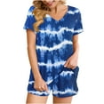 thumbnail image 1 of 2 Piece Pajamas Sets for Women Summer Tie-dye Outfits Short Sleeve Pleated V Neck Top and Shorts Set lounge Homewear (XXL, Blue 05), 1 of 5