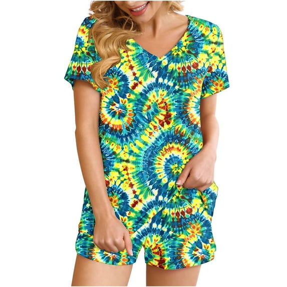 2 Piece Pajamas Sets for Women Summer Tie-dye Outfits Short Sleeve Pleated V Neck Top and Shorts Set lounge Homewear (XXL, Green)