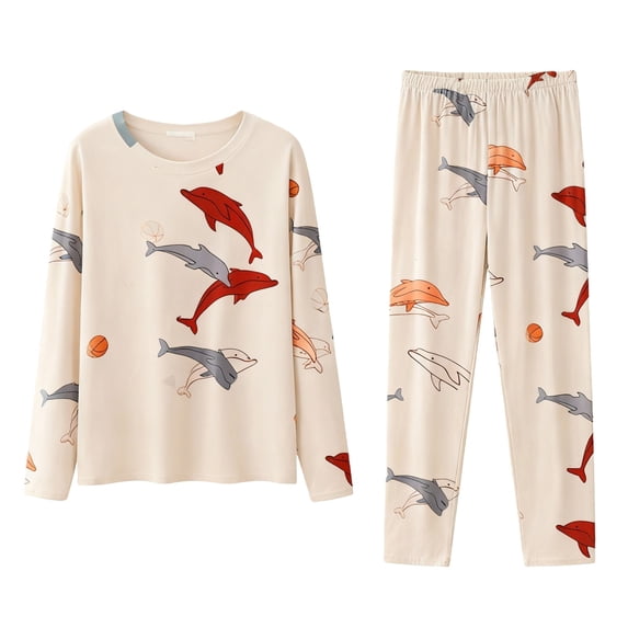 2 Piece Pajamas for Women Set BWASD Casual Cute Loose Matching Summer Pajamas Soft Cozy Long Sleeve Top and Pants Lounge Printed Sleepwear Sets Fashion (Beige 2XL)