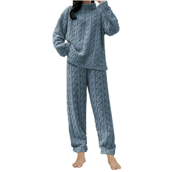 2 Piece Pajamas for Women Set Soft Comfy Pajama Fleece Pullover Ribbed Pjs Warm Plush Lounge Sleepwear Blue One Size