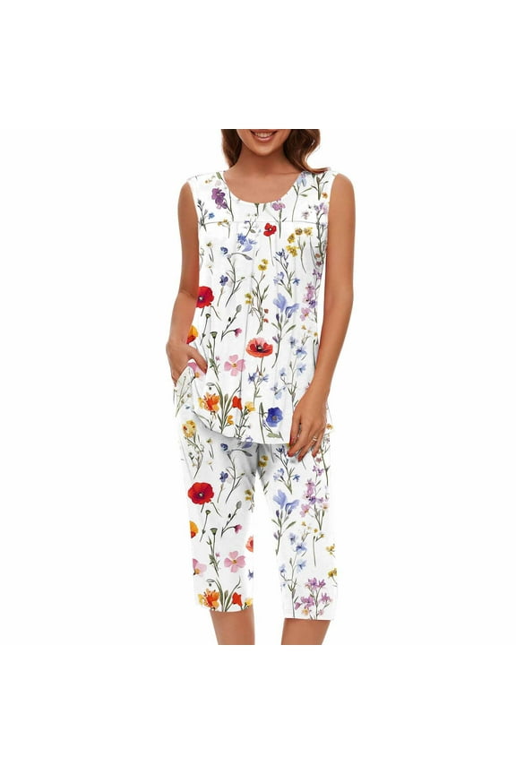 2 Piece Pajamas for Women Shorts Set Summer Casual Outfits Printed Sleeveless Round Neck Lounge Sets