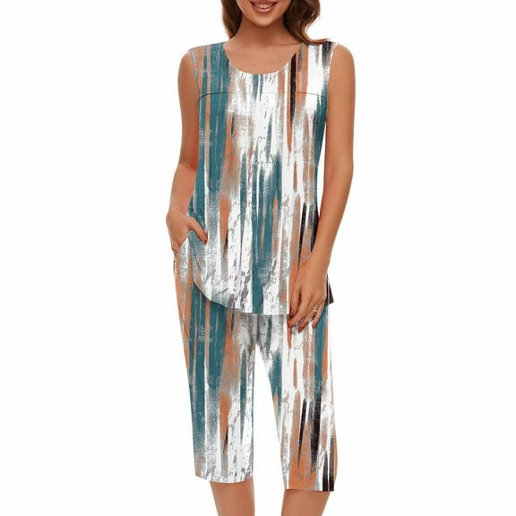 2 Piece Pajamas for Women Shorts Set Summer Casual Outfits Printed Sleeveless Round Neck Lounge Sets