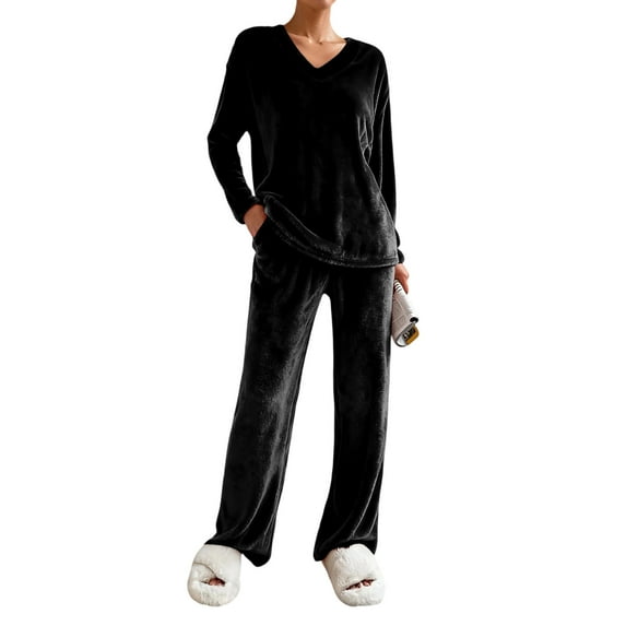 2 Piece Pant Sets for Women Fall Winter Casual Lounge Outfits Soft Velvet Long Sleeve V Neck Top and Wide Leg Pant (L, Black)