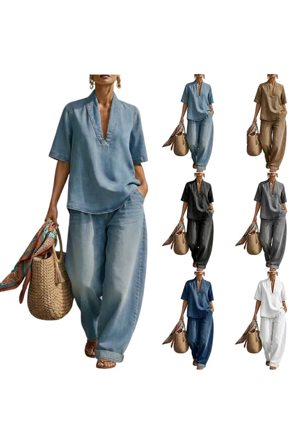 2 Piece Pants Set for Women Sleeveless Halter Neck Tank Top and Wide Leg Jeans Casual Chic Airport Outfits, 2XL