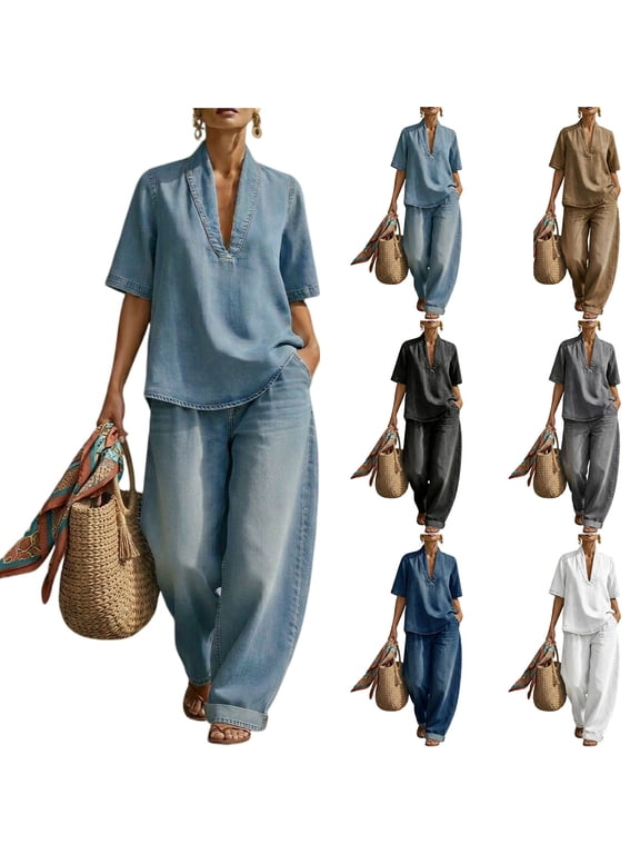 2 Piece Pants Set for Women Sleeveless Halter Neck Tank Top and Wide Leg Jeans Casual Chic Airport Outfits, M