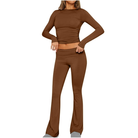 2 Piece Pants Set for Women Slim Fit Long Sleeve Crop Top and Bell Bottom Flared Leggings Workout Yoga Outfits (XS, Brown)