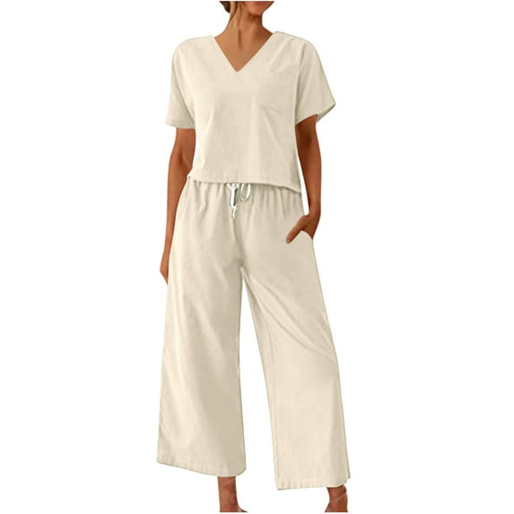 2 Piece Pants Sets for Women Cotton Linen Lounge Set Short Sleeve Top Pajamas Wide Leg Pants Sleepwear Outfits (M, Beige)