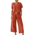 thumbnail image 1 of 2 Piece Pants Sets for Women Cotton Linen Lounge Set Short Sleeve Top Pajamas Wide Leg Pants Sleepwear Outfits (2XL, Orange), 1 of 4