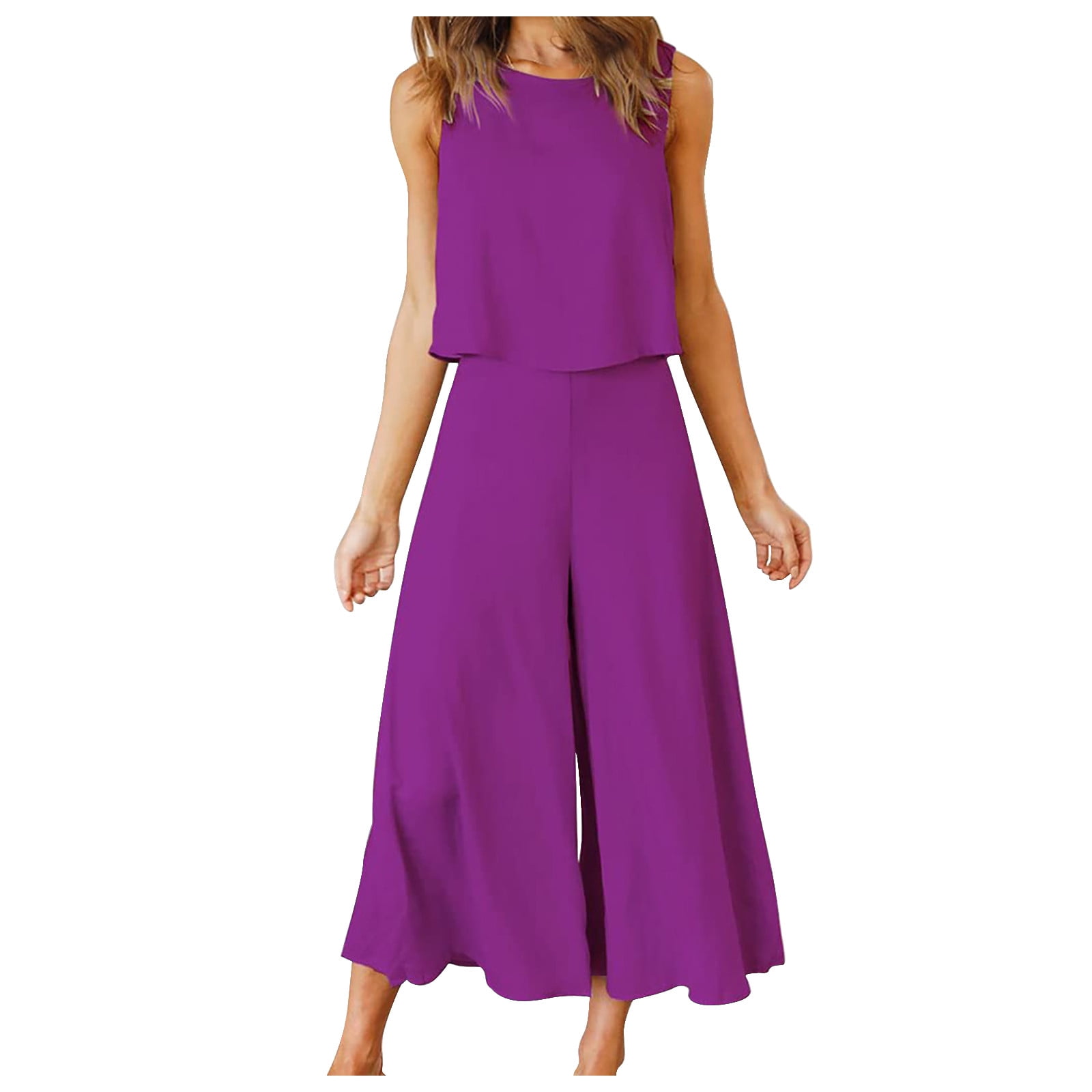 2 Piece Pants Sets for Women Dressy Casual Wide Leg Flowy Capri Pant and  Sleeveless Crop Tank Top Summer Outfits (X-Large, Purple) 