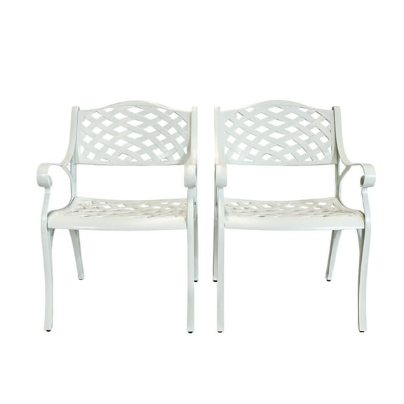 2 Piece Patio Chairs Cast Aluminum Outdoor Dining Chair with Armrests, Metal 2 Piece Patio Bistro Chair with Adjustable Feet, Wrought Iron Bistro Patio Dining Chair for Garden,Set of 2 White