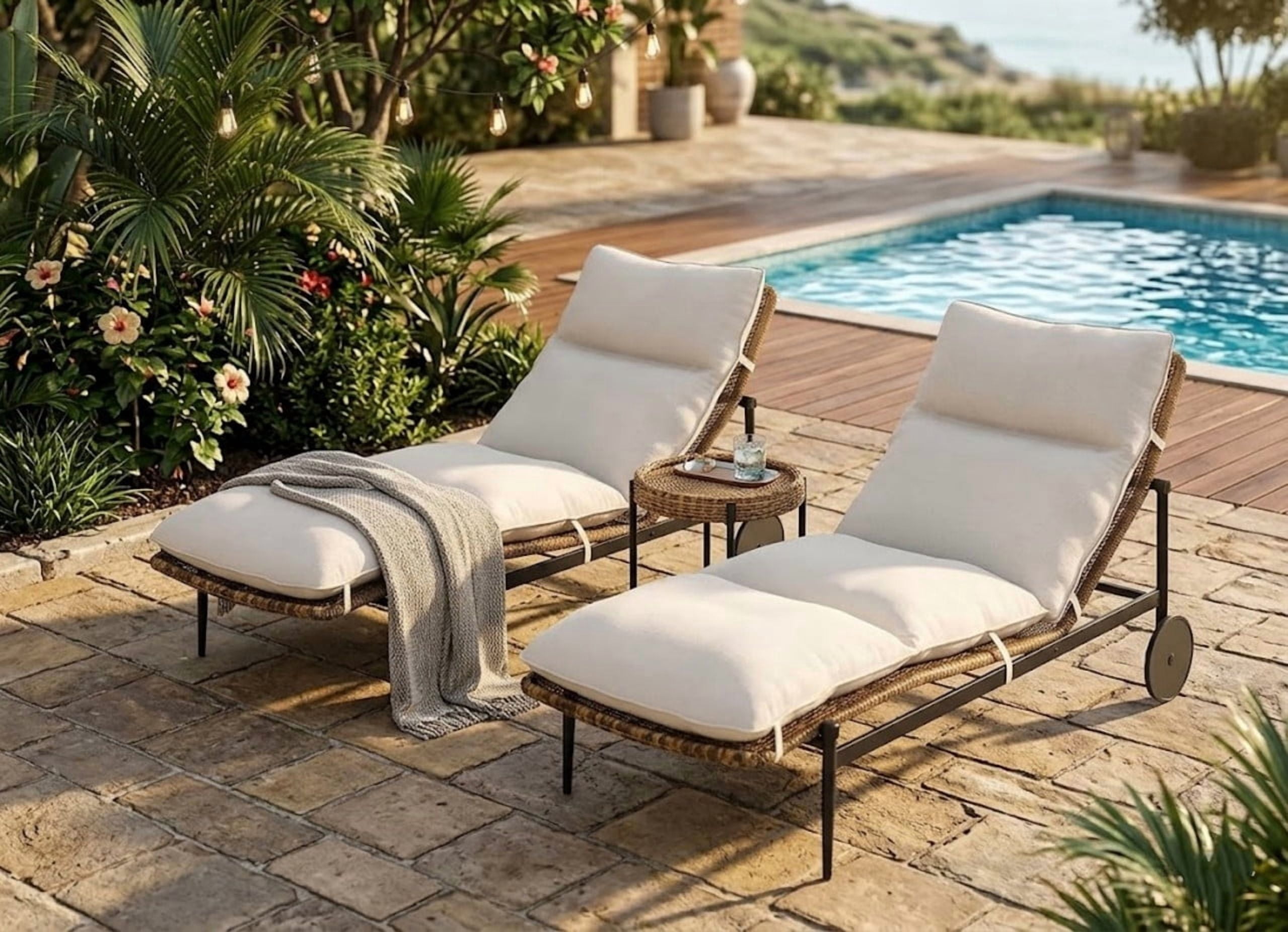 2-Piece Patio Chaise Lounge Chairs, Wicker Outdoor Lounge Chairs Set of 2, All-Weather Outdoor Reclining Chair with Wheels and Removable Cushion