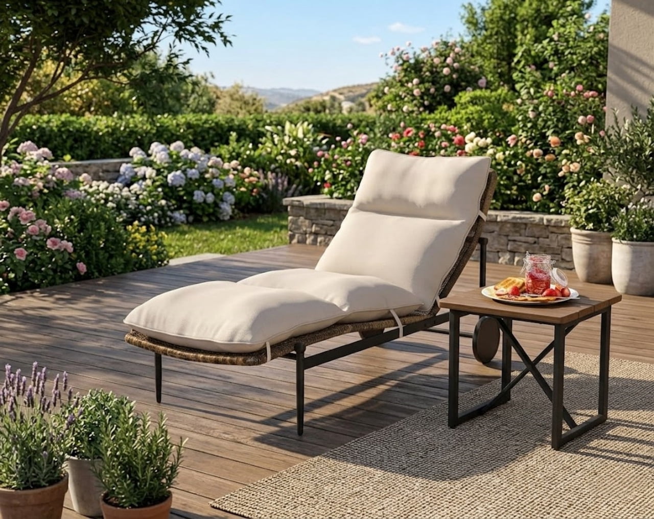2-Piece Patio Chaise Lounge Set, Single Wicker Outdoor Lounge Chairs with Side Table, Outdoor Conversation Set for Pool Deck