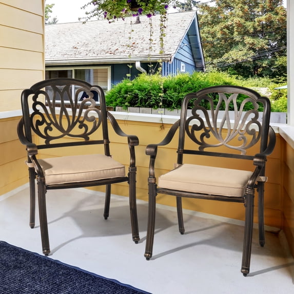 2 Piece Patio Dining Chairs with Cushions, Outdoor All-Weather Cast Aluminum Chairs with Armrest, Patio Bistro Dining Chair Set of 2 for Garden Deck Backyard, Antique Bronze