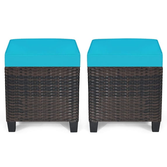 2-Piece Patio Ottoman Set, Wicker Footstools, Rattan Ottoman with Dismantle Cushions, Square Footrest Seat, Outdoor Stools for Garden, Porch, Blue