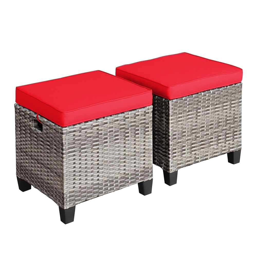 2-Piece Patio Rattan Ottomans, Outdoor Wicker Furniture with 2 Footrest ...