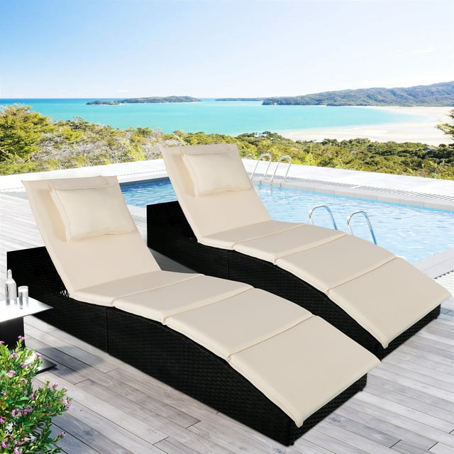 2-Piece Patio Rattan Pool Lounge Chair with Cushion, 5 Adjustable Positions Folding Patio Chaise Lounge, Outdoor Wicker Beach Reclining Chair, PE Rattan Beach Lounger Chair for Balcony Deck Patio, T25