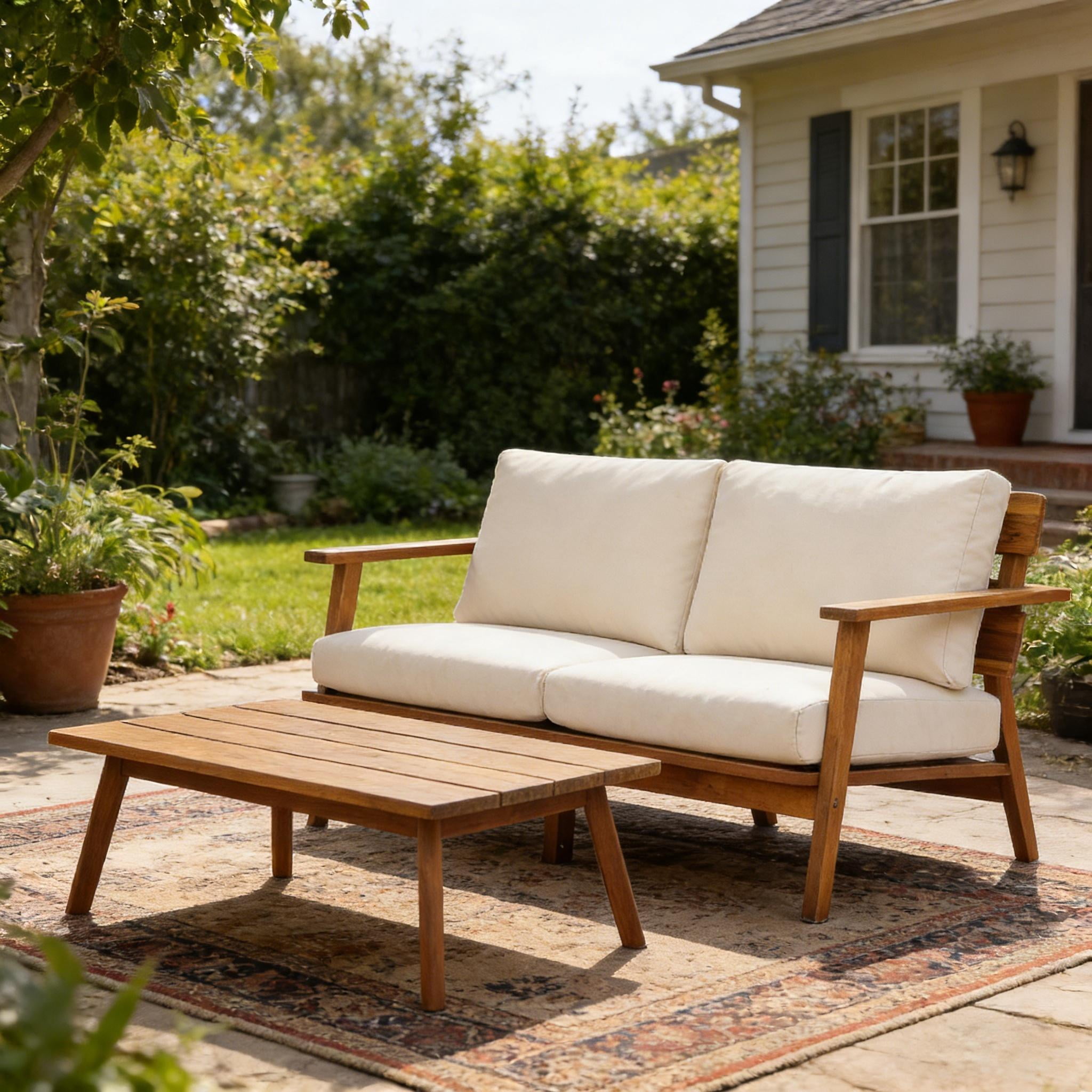 2 Piece Patio Set, Mid-Century Acacia Wood Loveseat and Slatted Coffee Table for Garden, Teak and Cream