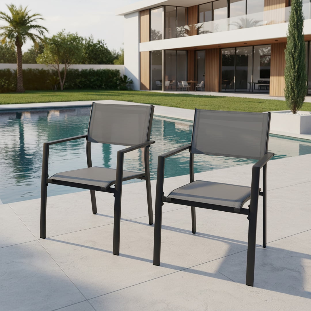 2-Piece Patio Stackable Dining Chairs with Textilene, Black