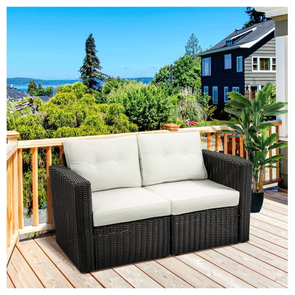2 Piece Patio Wicker Corner Sofa Set, Outdoor PE Rattan Furniture, Beige Cushions, for Balcony, Garden, Lawn, Versatile Seating