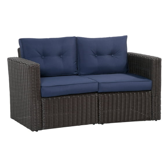 2 Piece Patio Wicker Corner Sofa Set, Outdoor PE Rattan Furniture, with Curved Armrests and Padded Cushions for Balcony, Garden, or Lawn, Lawn, Dark Blue
